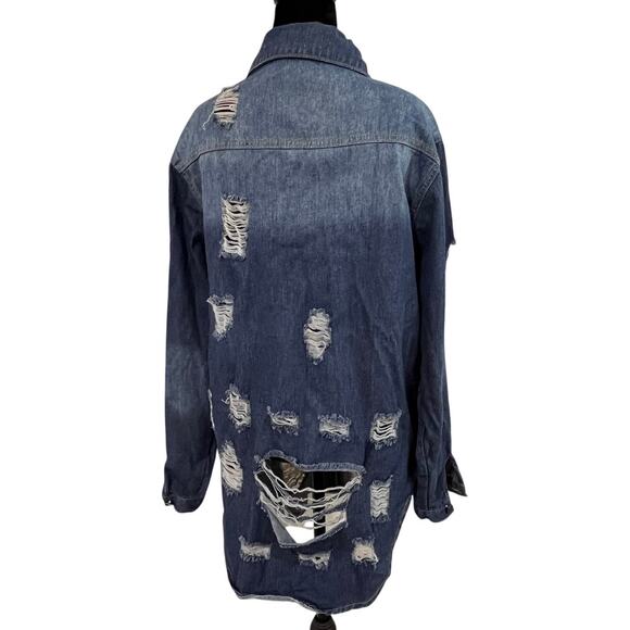 Oversized Distressed Denim Jacket Grunge Y2K Festival Longline Shacket XL - Picture 8 of 14
